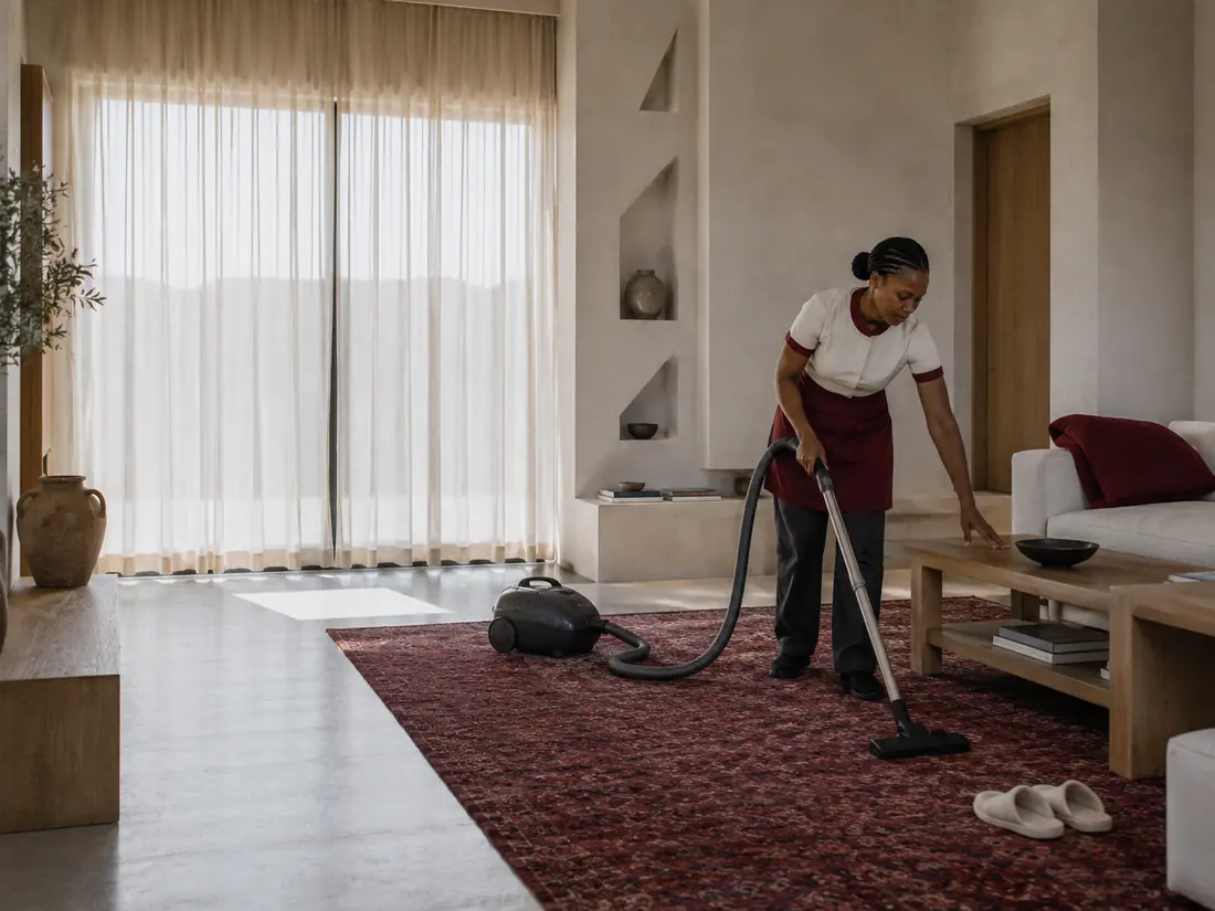 خادمة تنظّف سطح المطبخ في منزل بالرياض